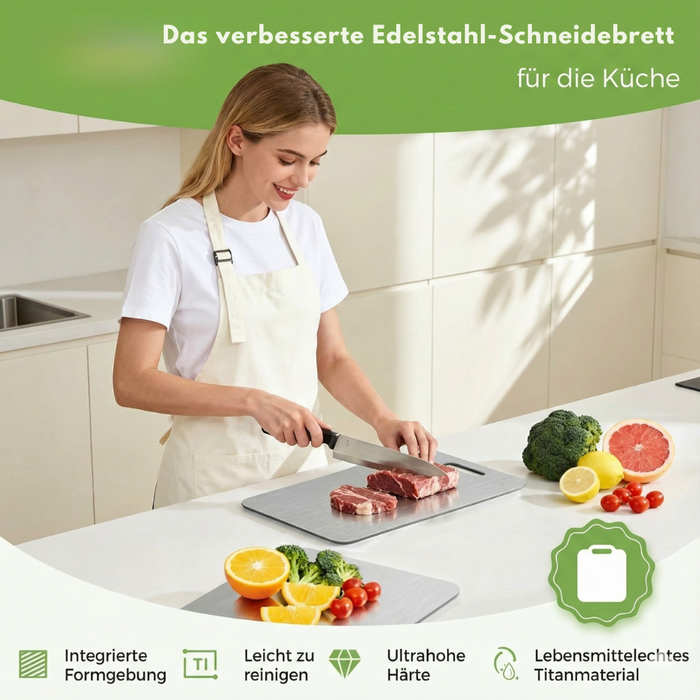 Titan Schneidebrett, Schneidebrett aus 100% Titan für die Küche, Doppelseitige Titanbretter mit getrennten Bereichen für Rohkost und Gekochtes, giftfrei, spülmaschinenfest (S+M+L)